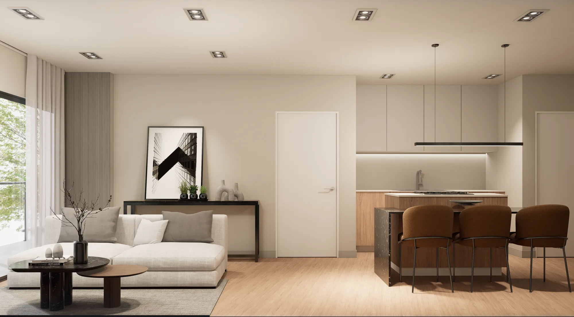 Render: Living y cocina con isla