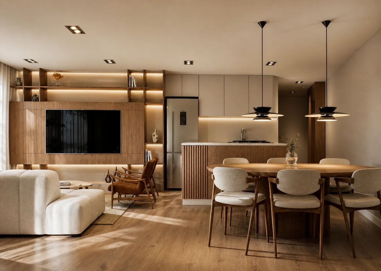 Render: Living, comedor y cocina integrados