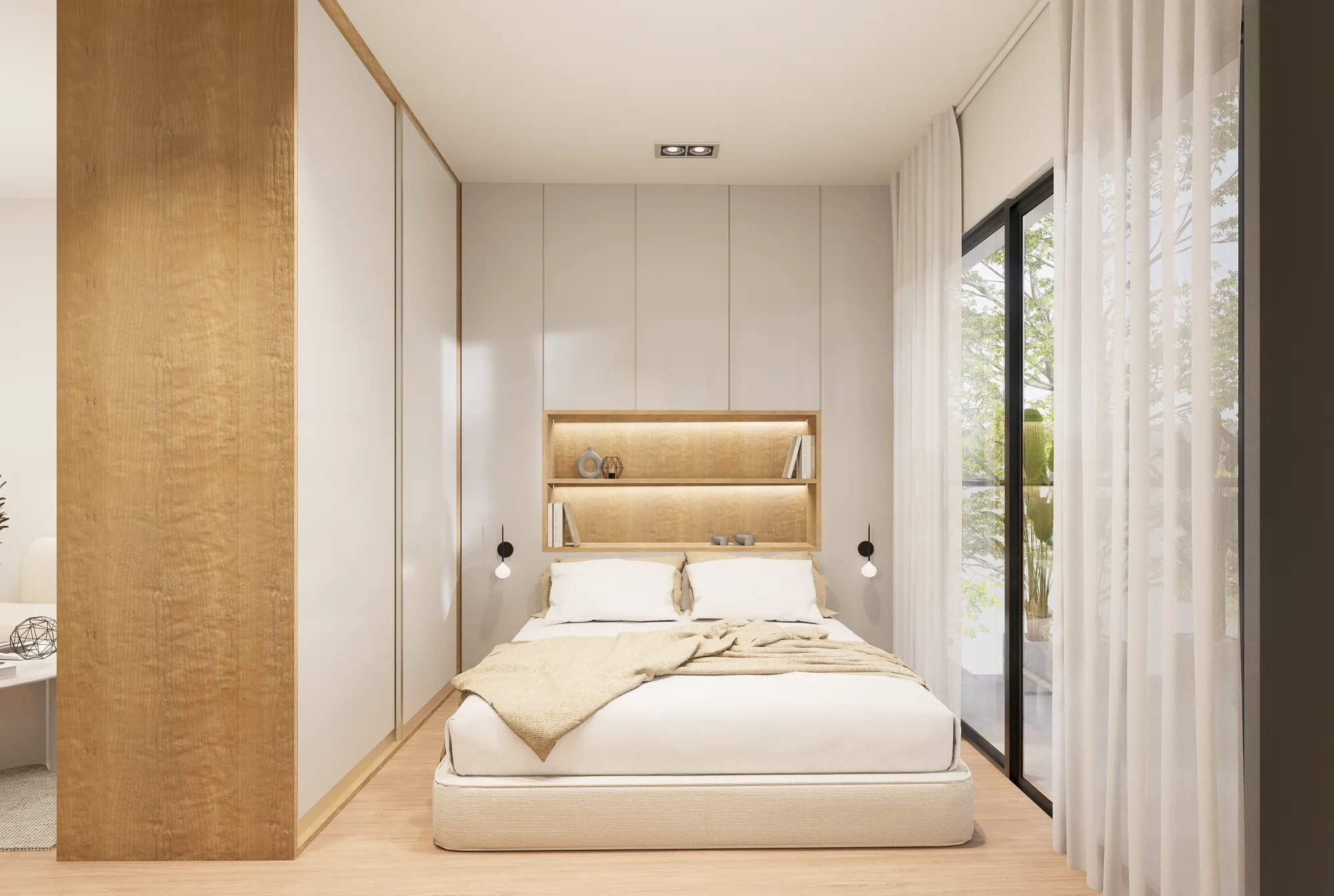 Render: Dormitorio tras la columna de madera