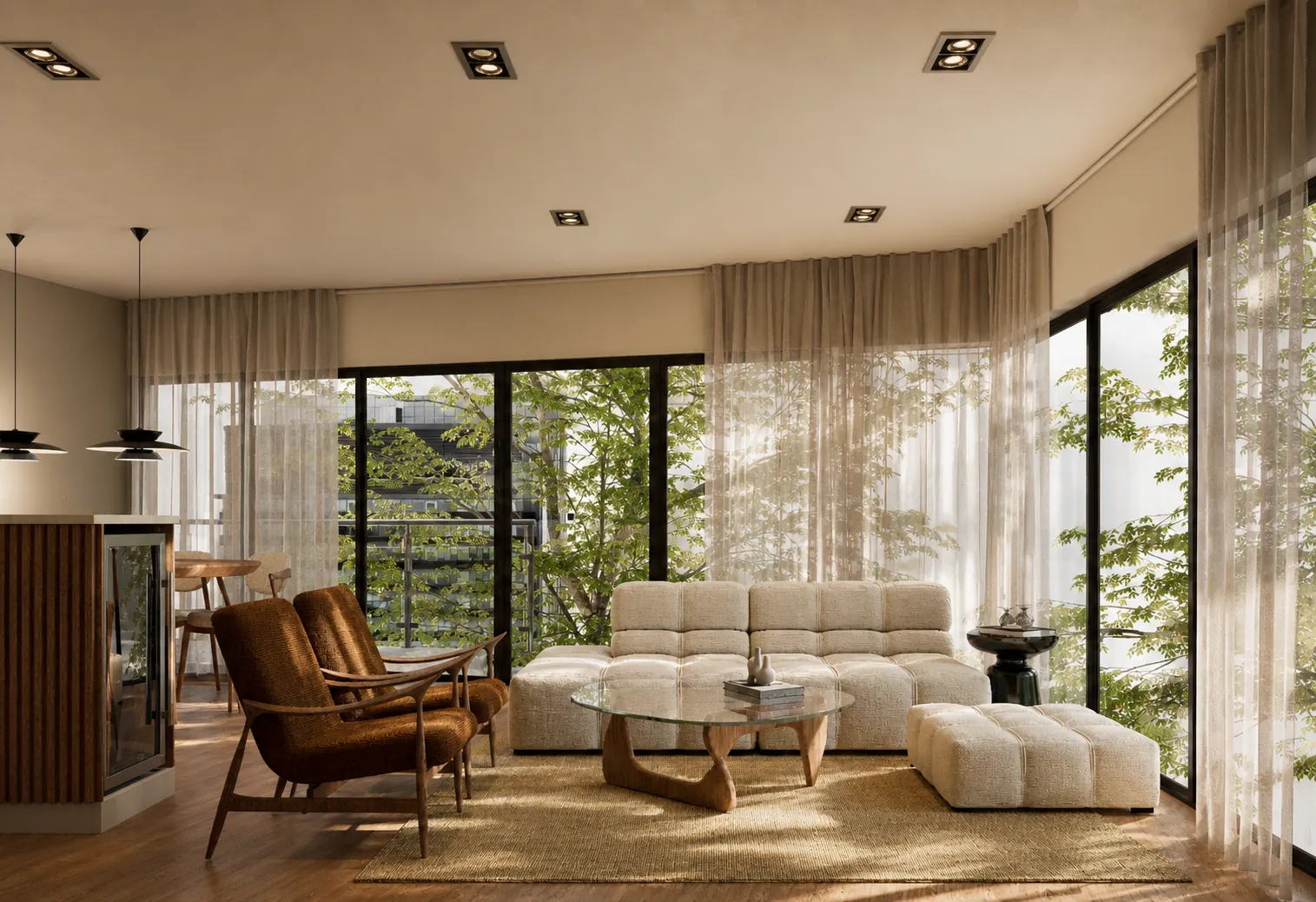 Render: Living frente al ventanal