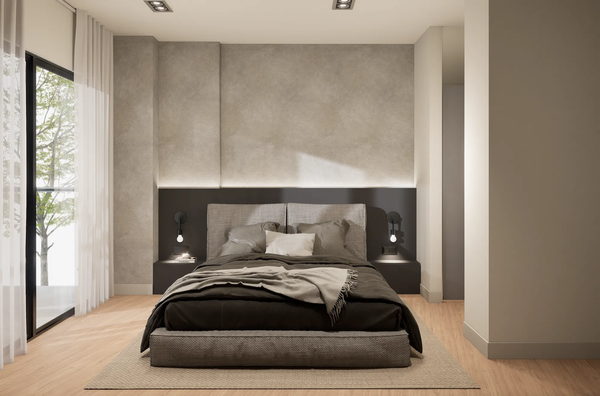 Render: Dormitorio en grises y negro