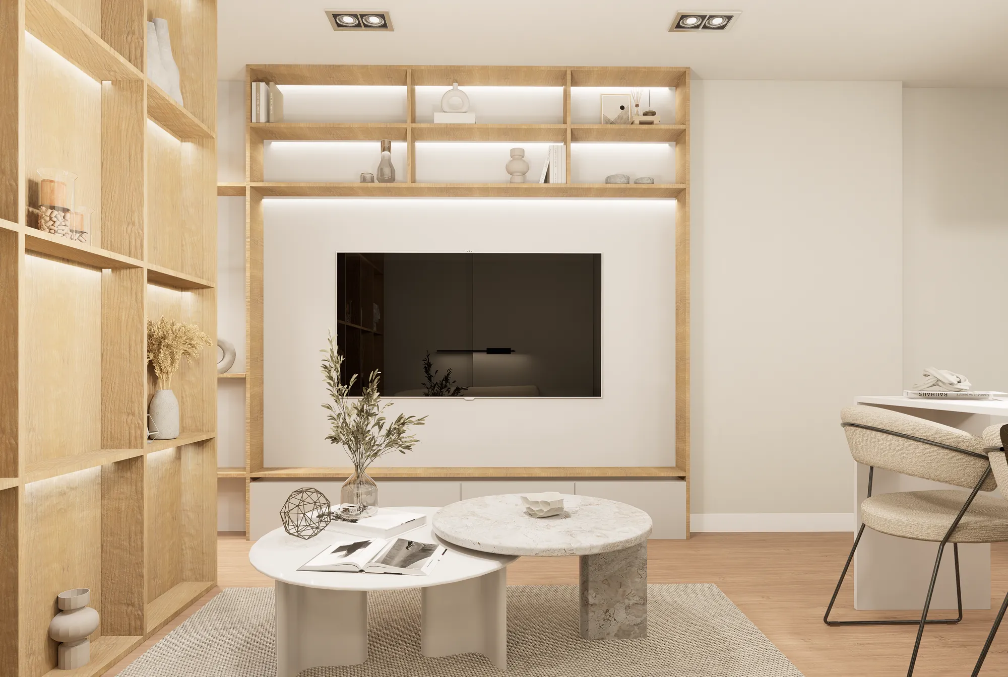 Render: Biblioteca de roble iluminada