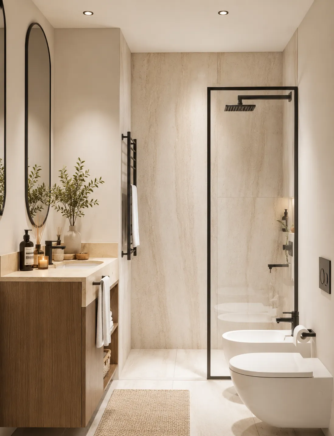 Render: Baño en tonos travertino