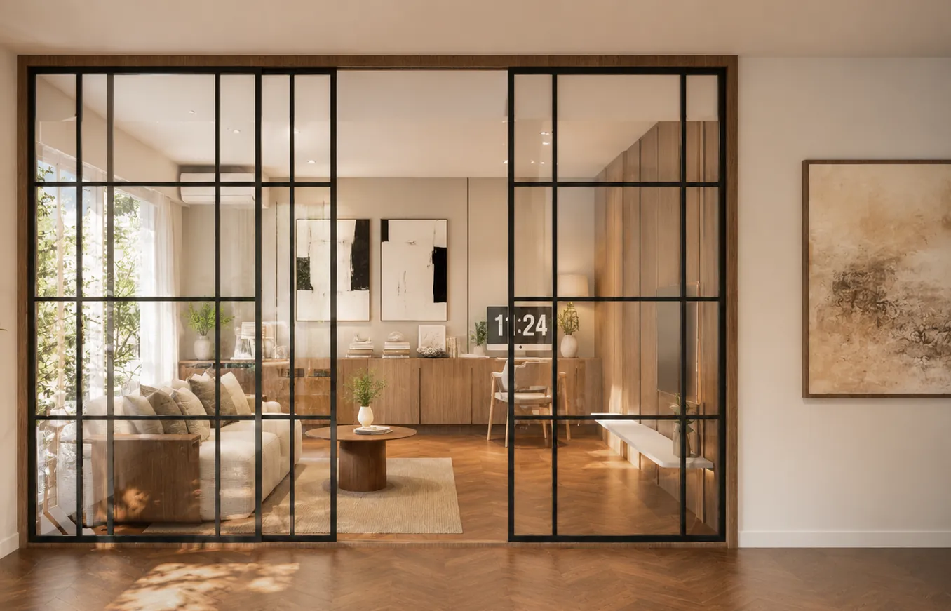 Render: Cerramiento de vidrio y madera
