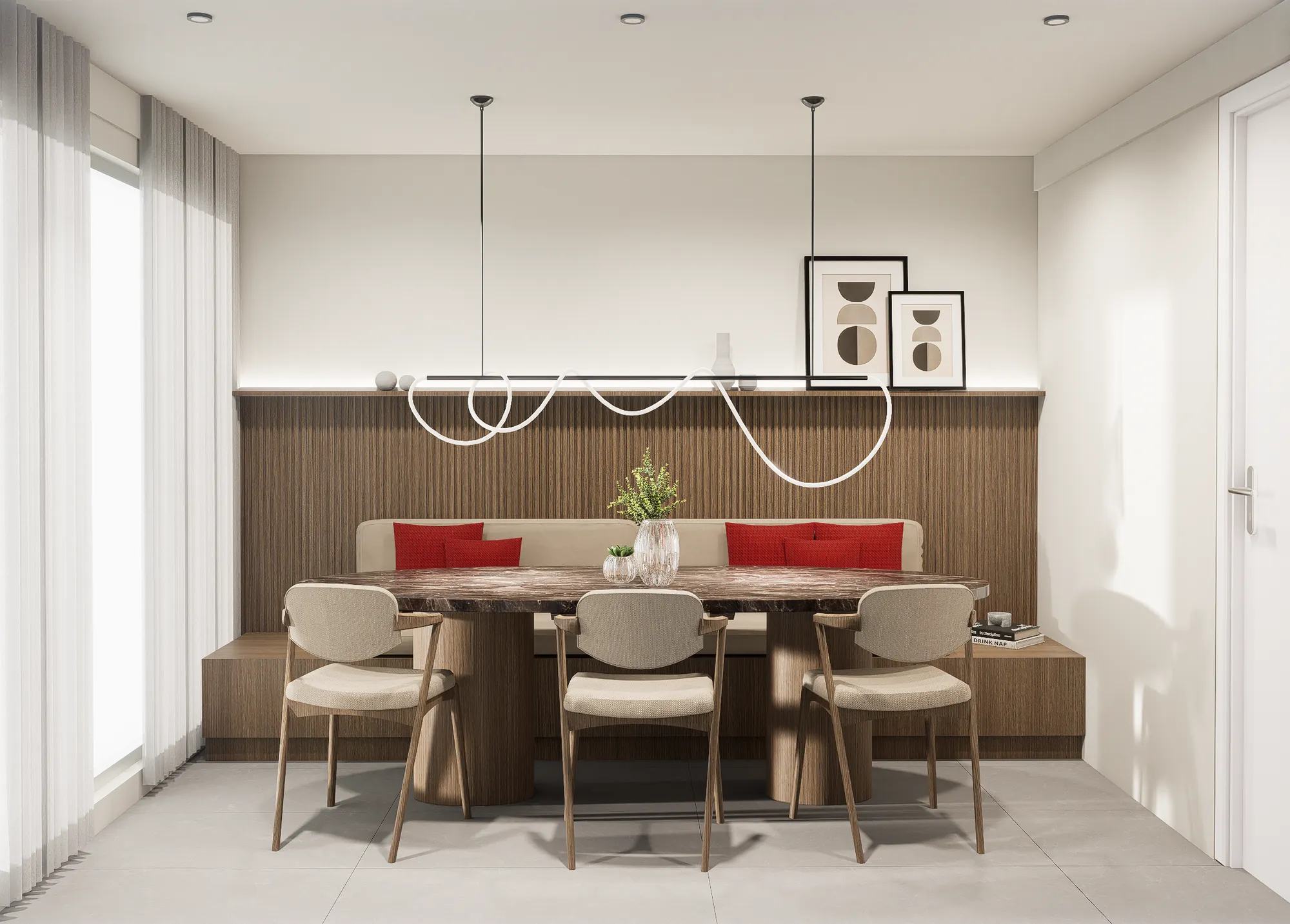 Render: Comedor diario con banco corrido