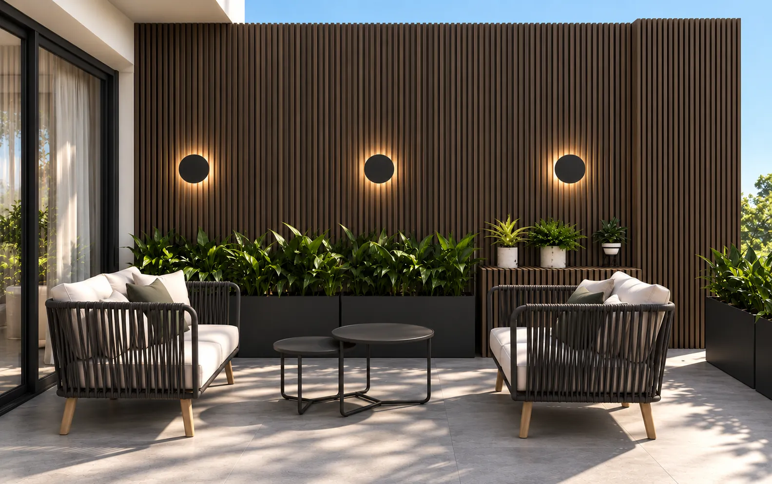 Render: Terraza con muro de listones