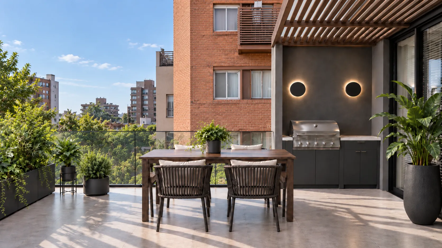 Render: Parrilla y comedor en la terraza