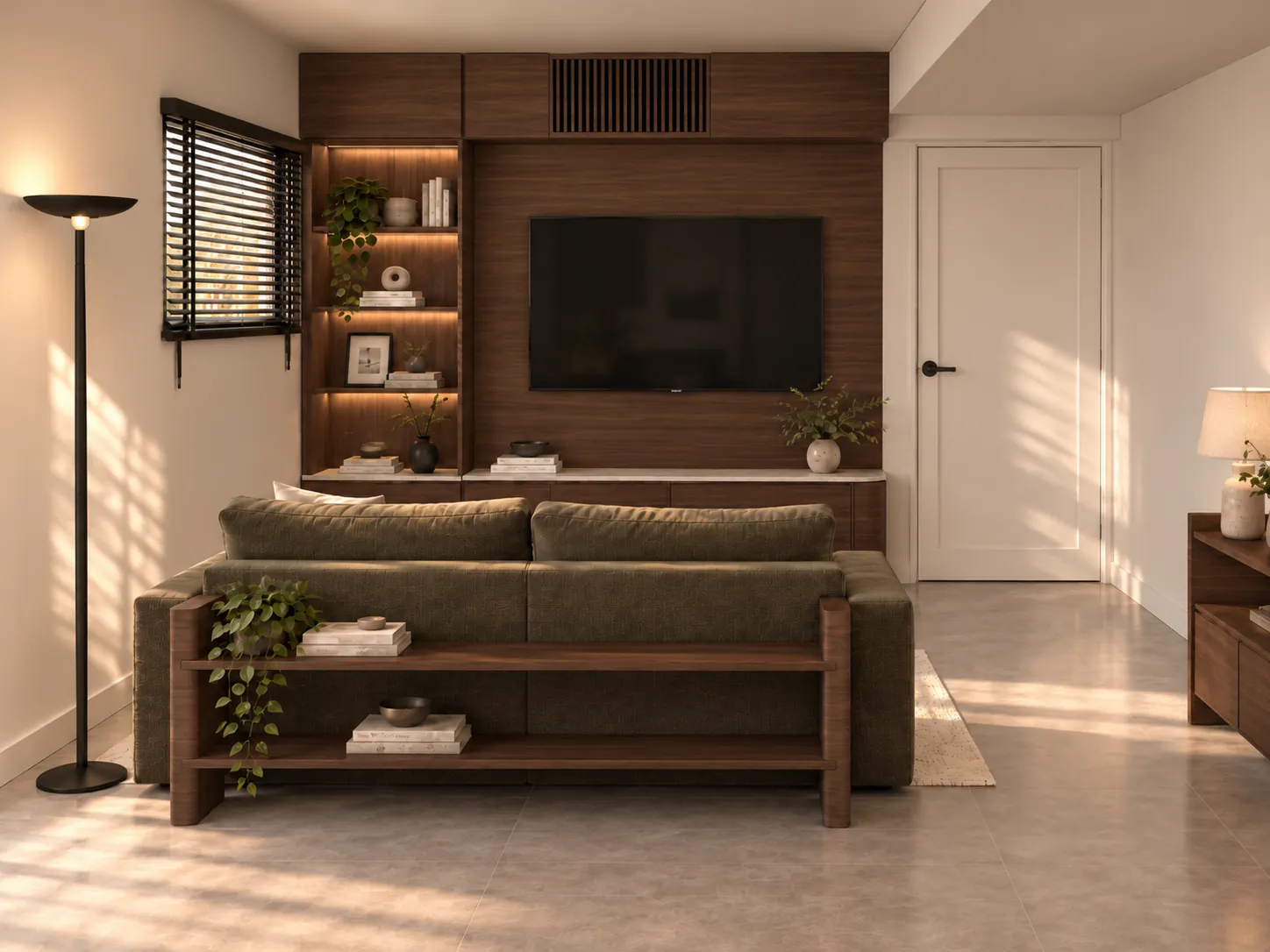 Render: Muro de TV con nichos iluminados