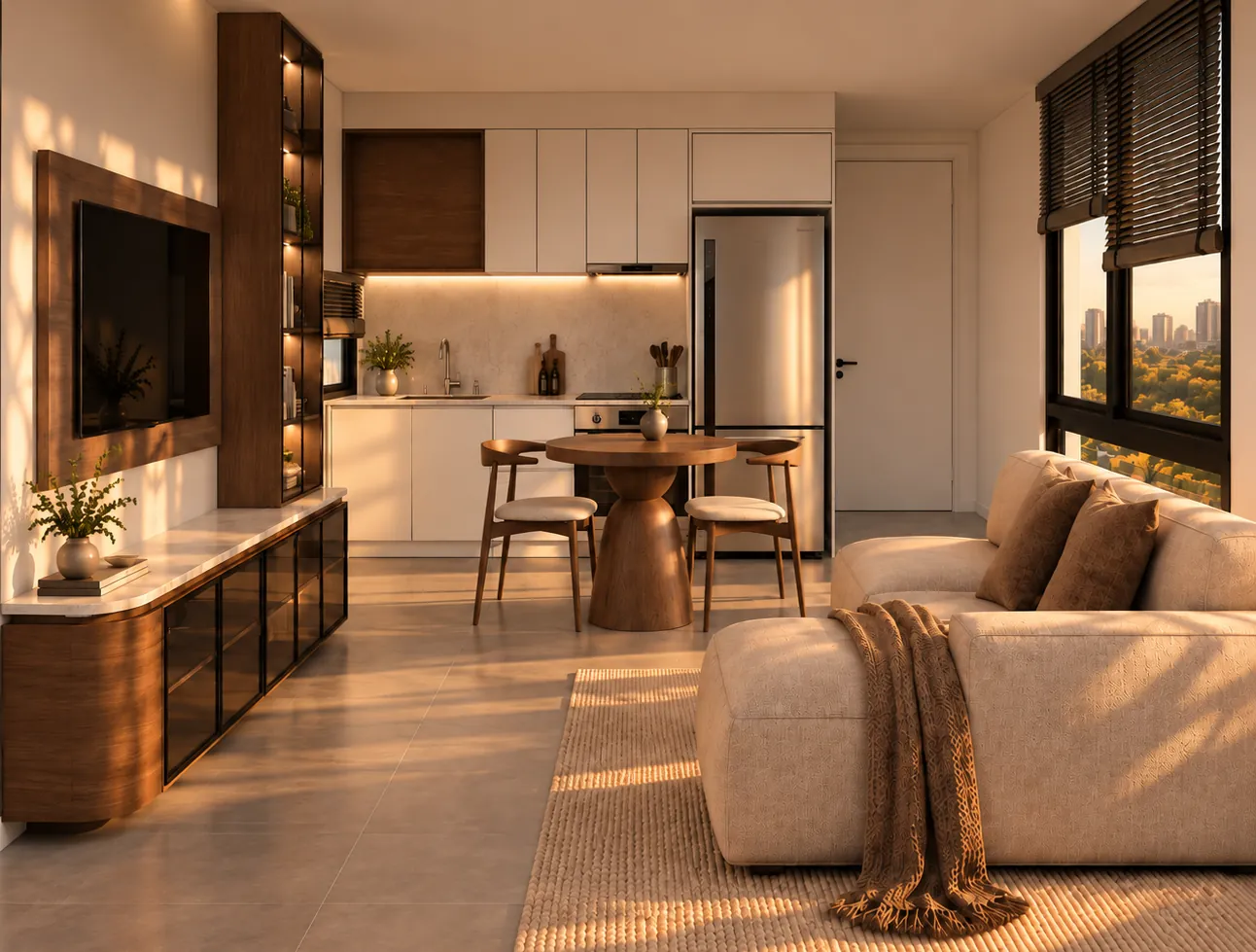Render: Living, cocina y comedor integrados