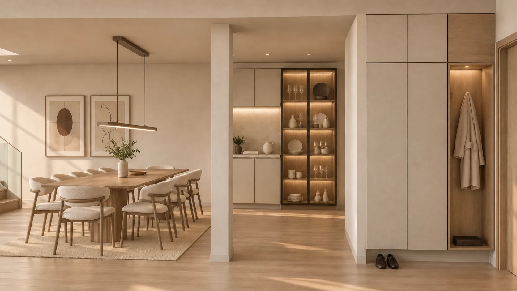 Render: Comedor y vitrina iluminada