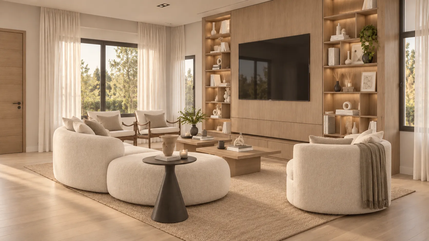 Render: Living con bibliotecas de madera