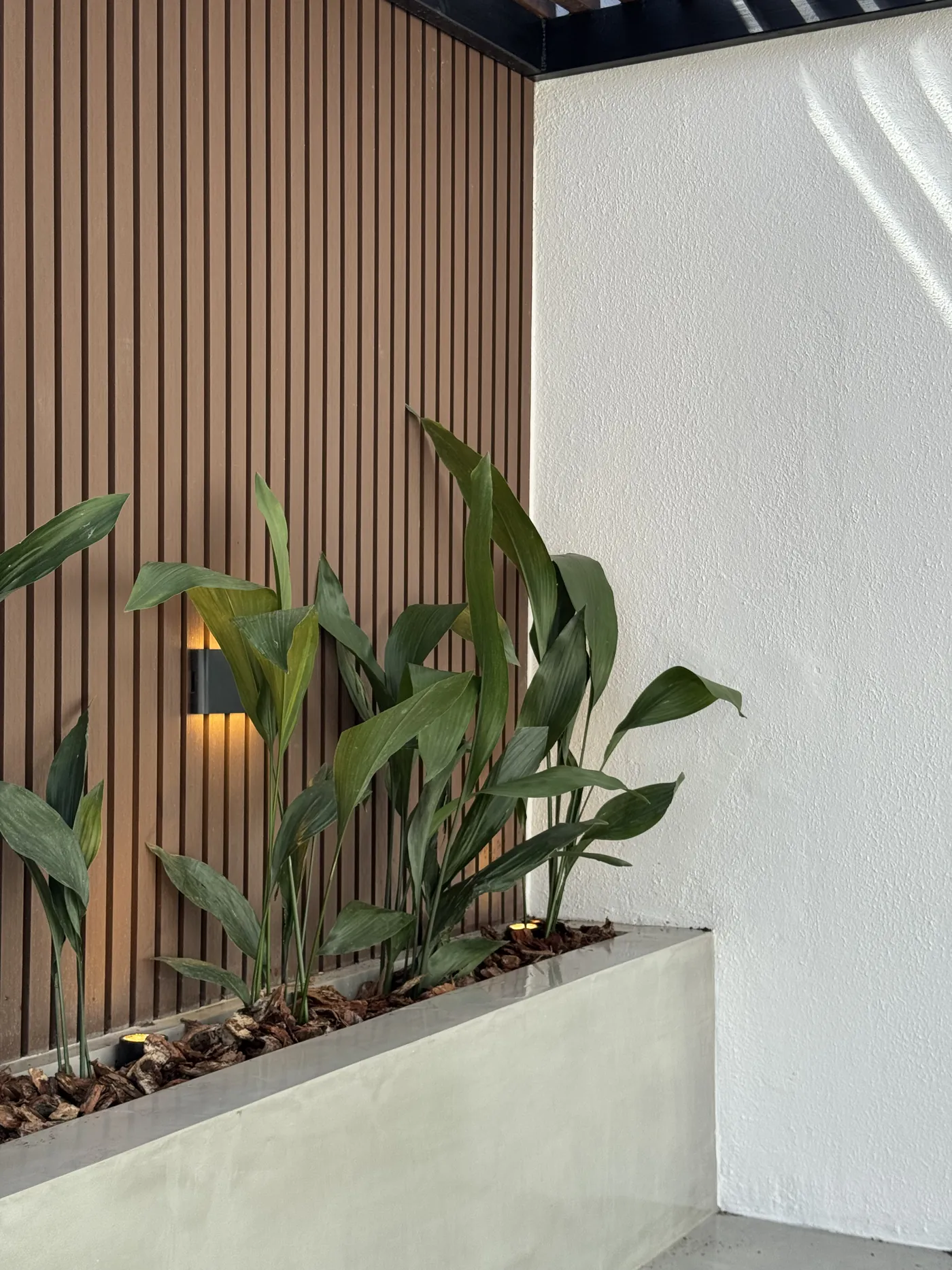 Cantero iluminado bajo la pérgola