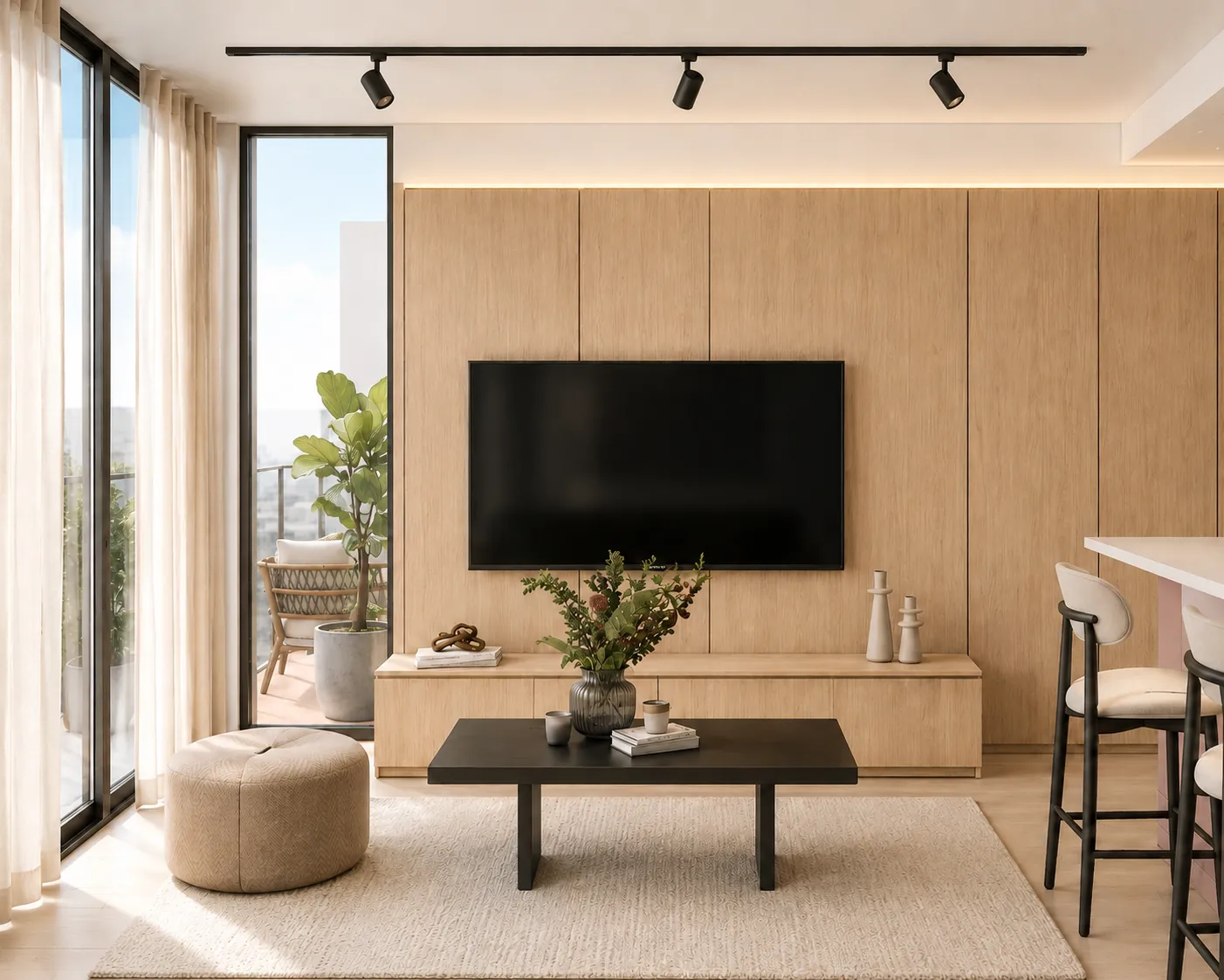 Render: Muro revestido en madera clara