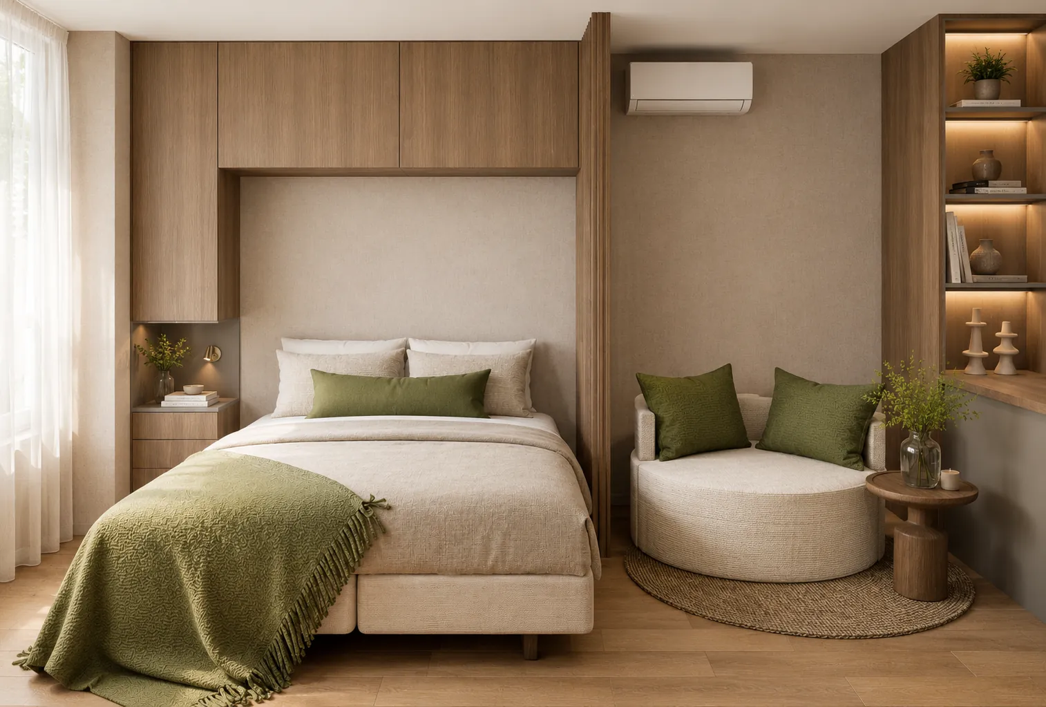 Render: Cama en nicho con guardado arriba