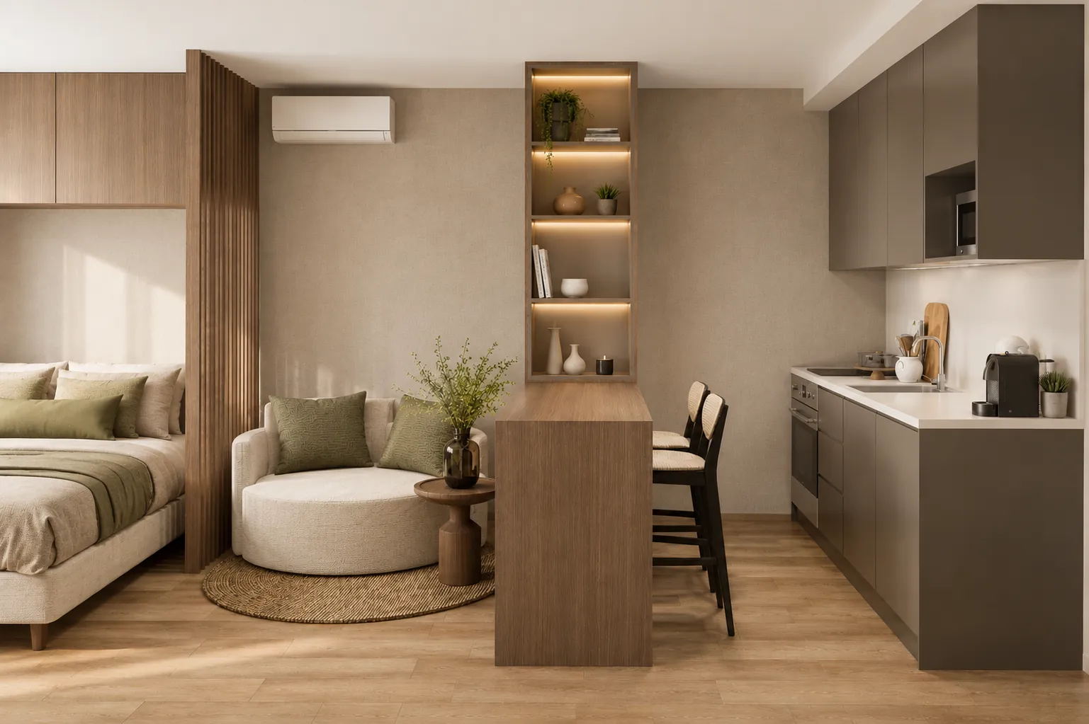 Render: Barra de madera con estantes iluminados