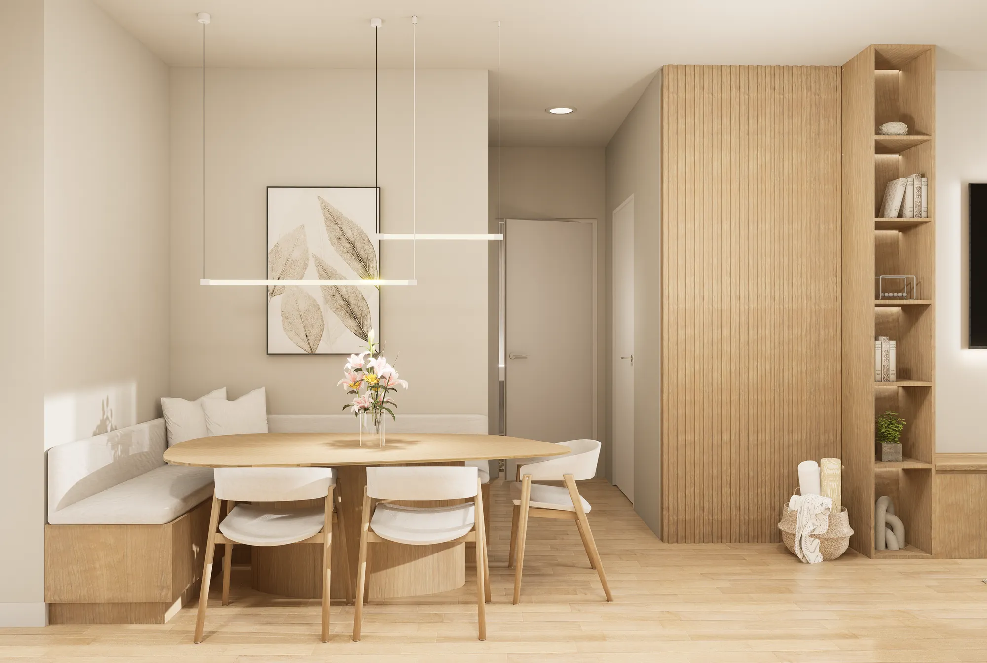 Render: Comedor con banco a medida