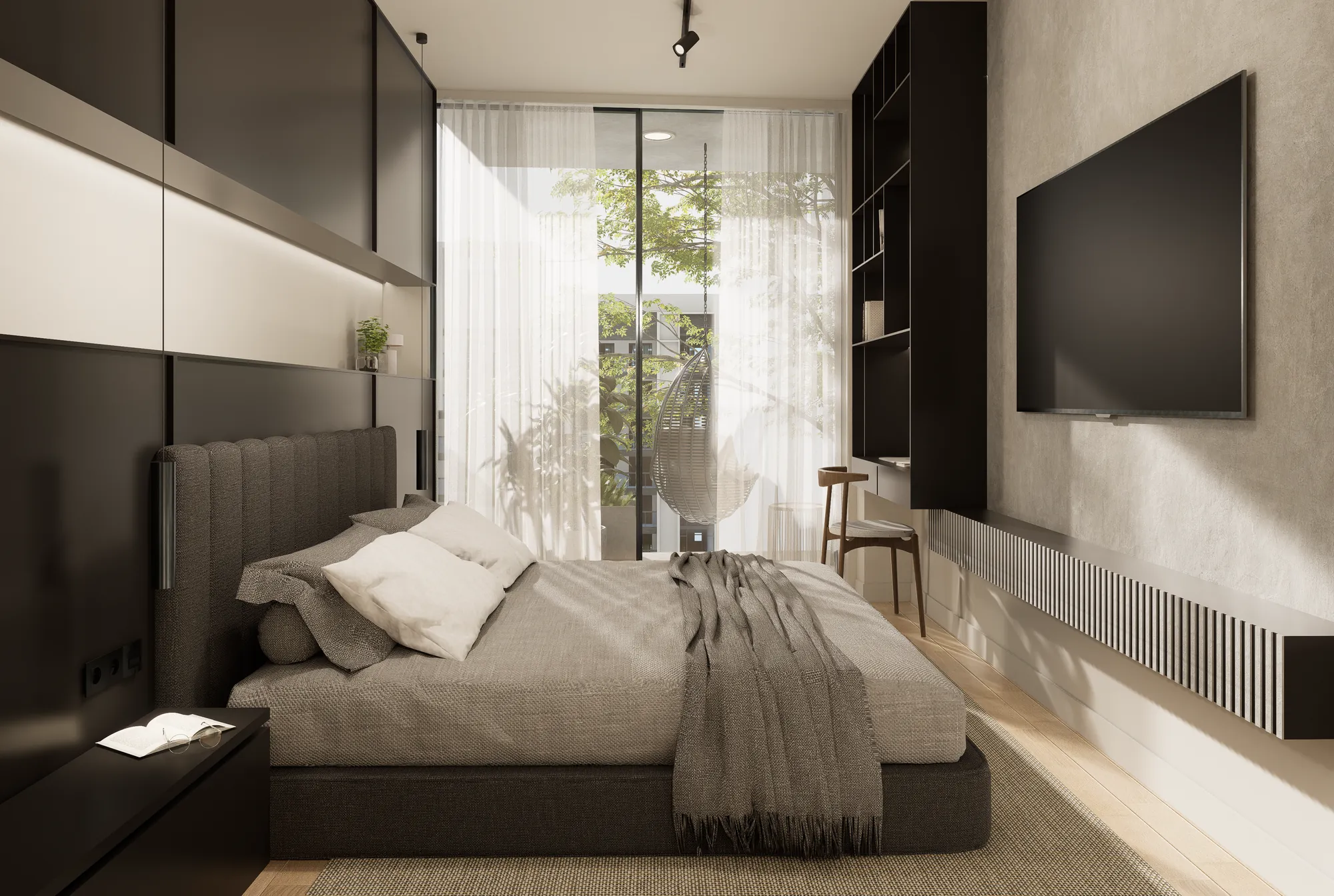 Render: Dormitorio en grises y negro
