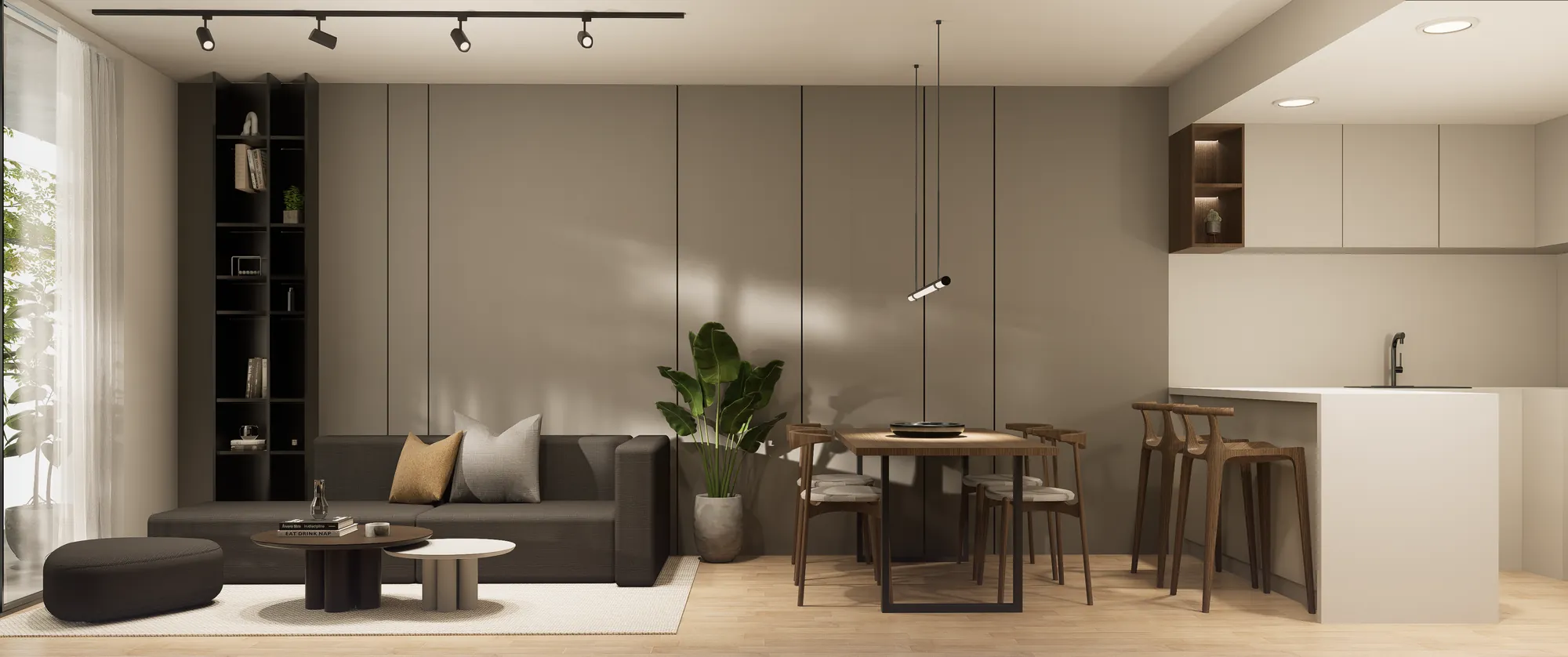 Render: Living, comedor y cocina integrados