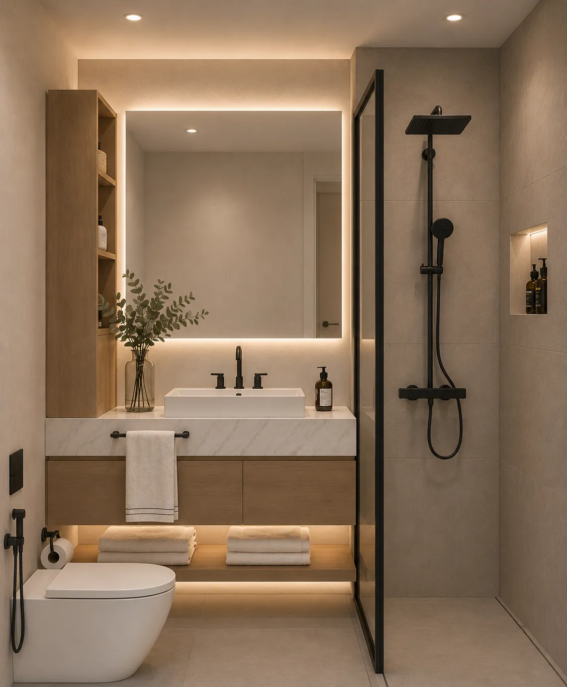 Render: Baño con mesada de mármol
