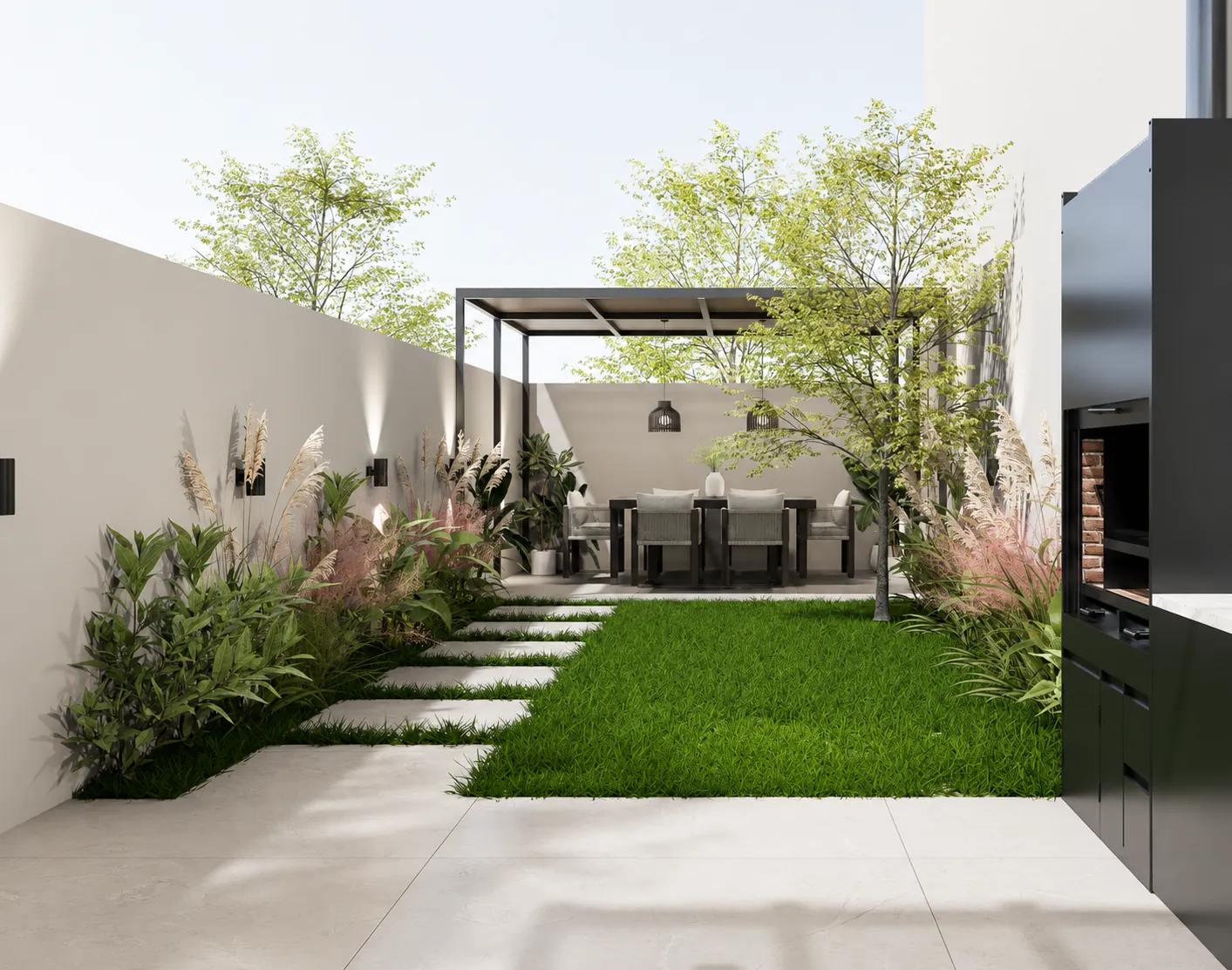 Render: Jardín con pérgola y parrilla
