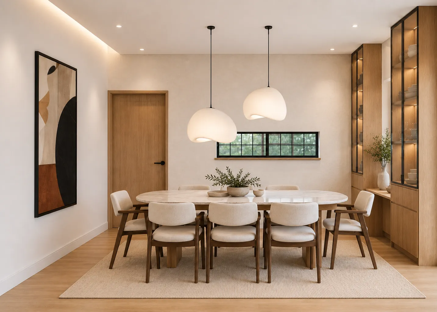 Render: Comedor con vitrinas a medida