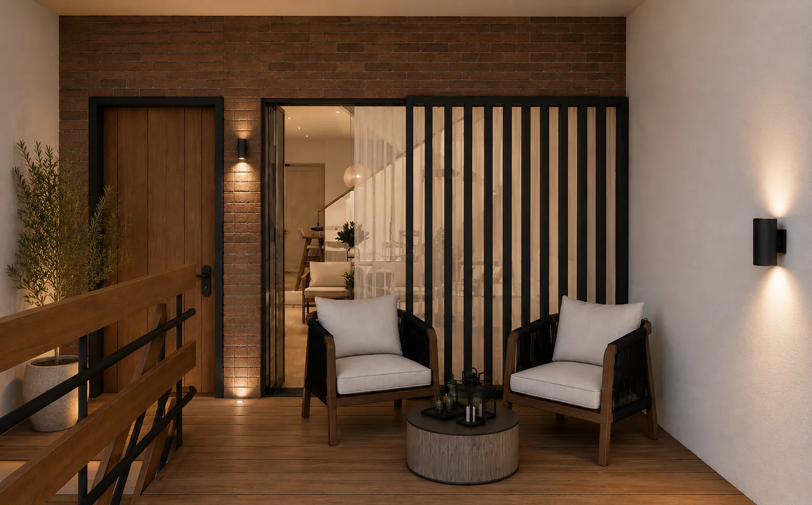 Render: Galería de acceso con listones