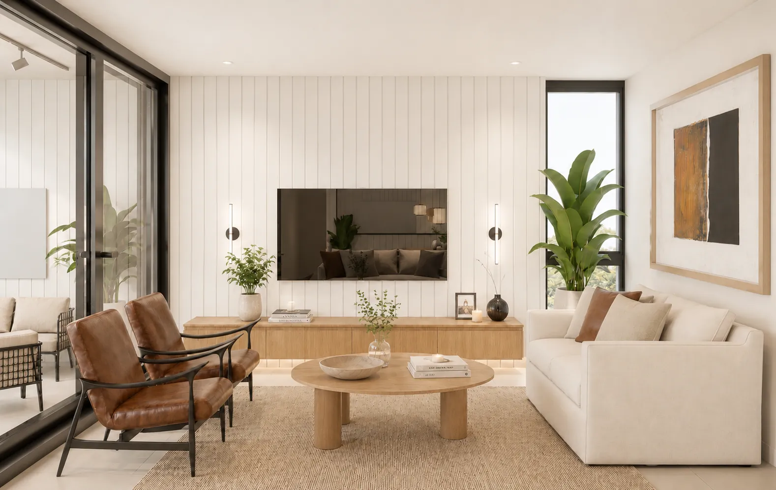 Render: Living: paneles blancos y madera