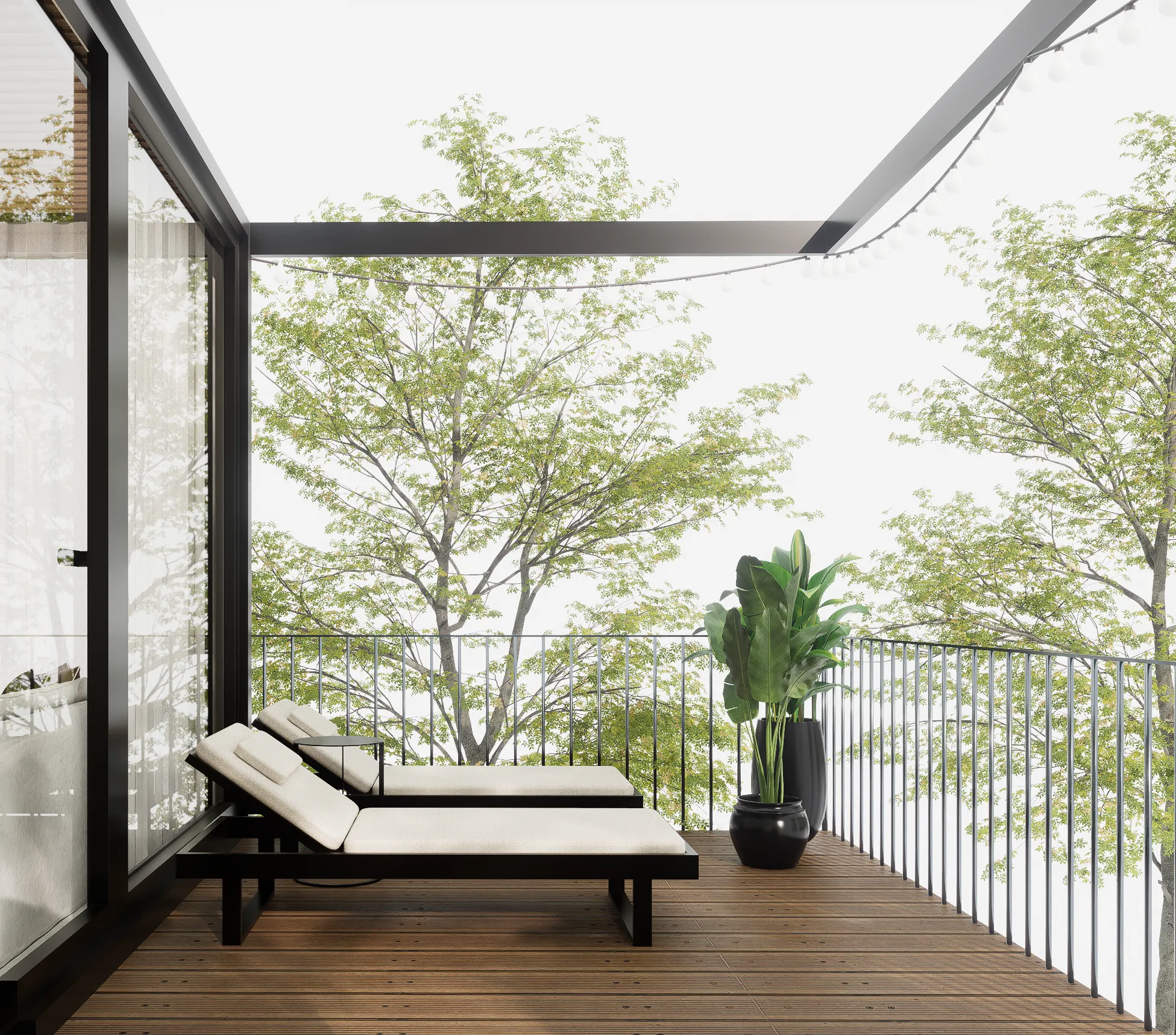 Render: Terraza con deck y pérgola