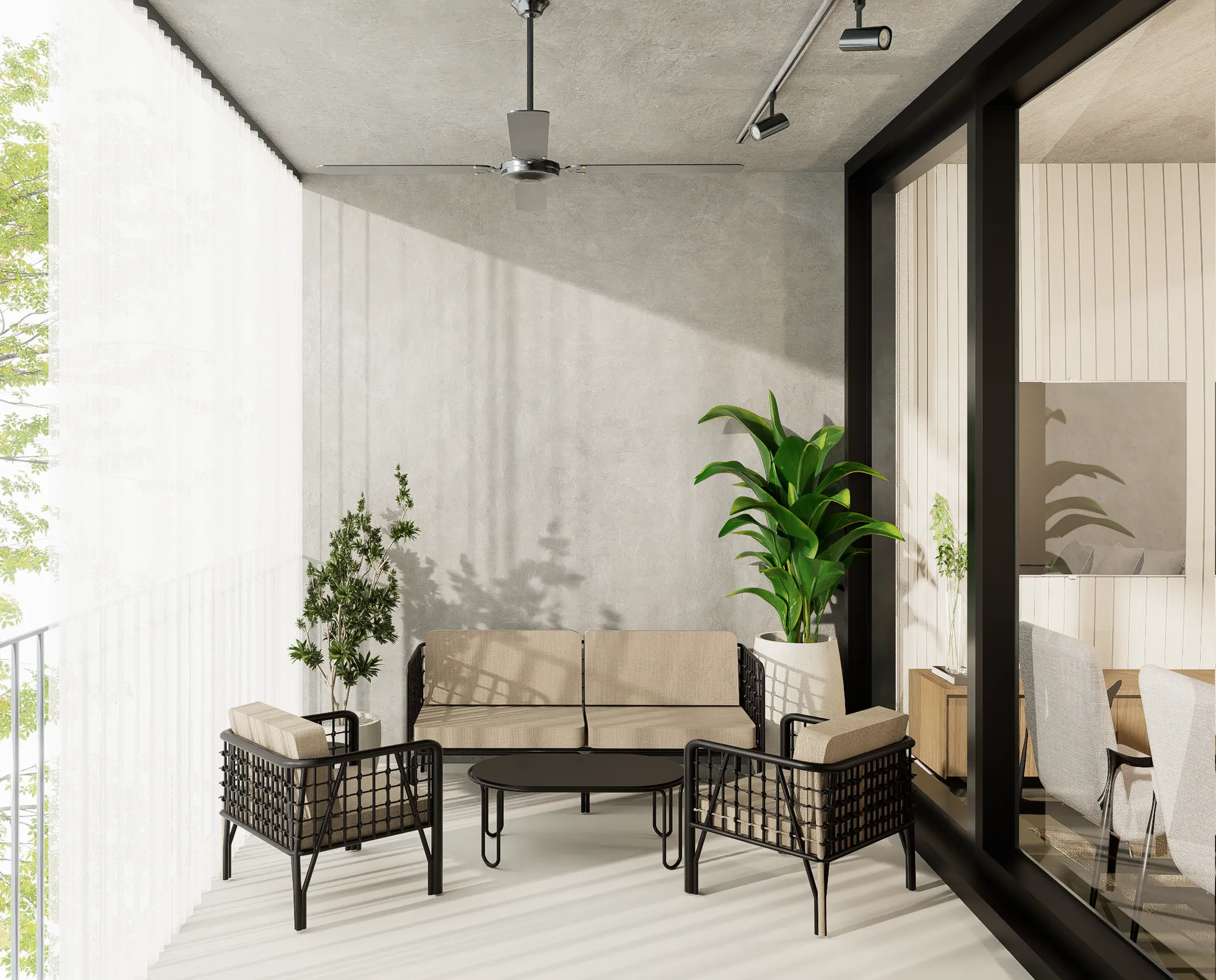 Render: Galería semicubierta con estar
