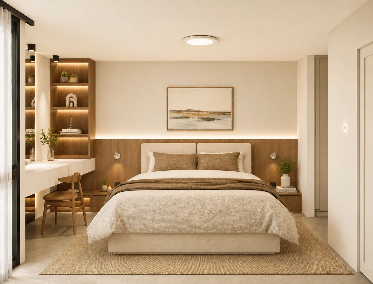 Render: Dormitorio principal con madera iluminada